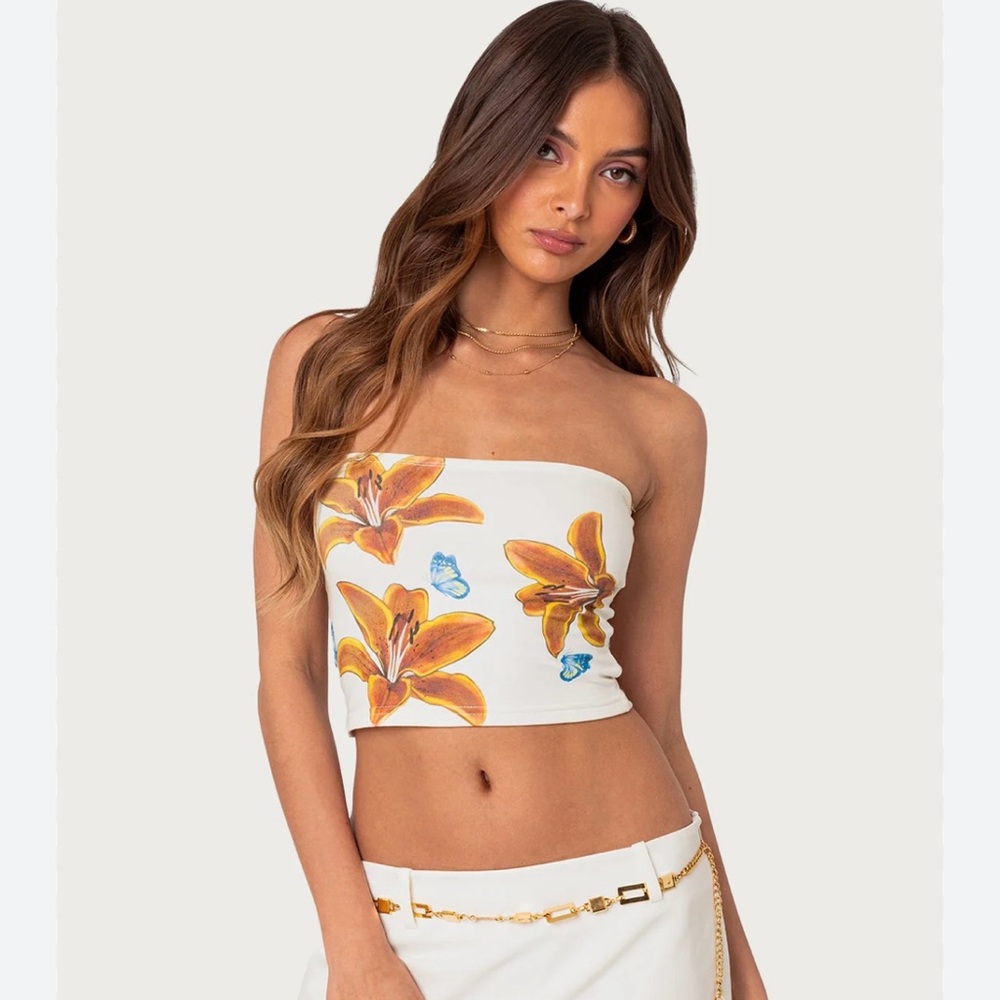 Edikted White Tank Top with Yellow-Orange Floral and Blue Butterfly Print